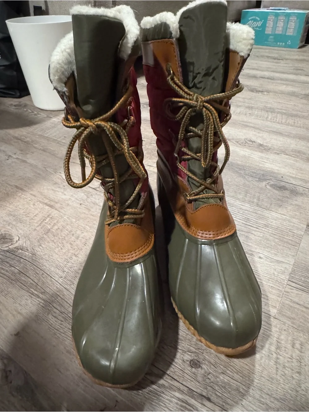Women's Insulated Winter Duck Boots - Olive & Burgundy
